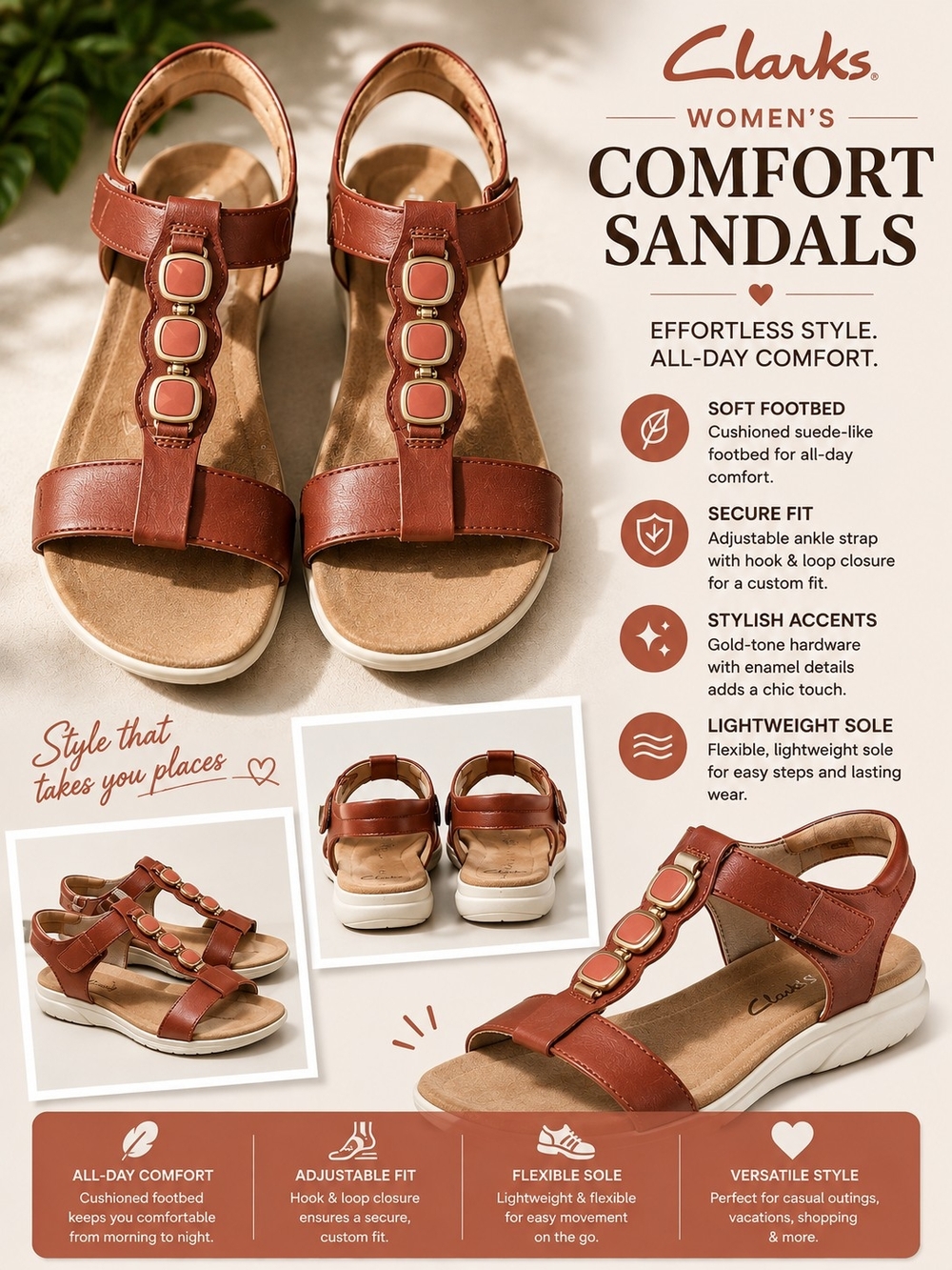 Clarks Burnt Orange Comfort Sandals Adjustable Cushioned Multiple Sizes